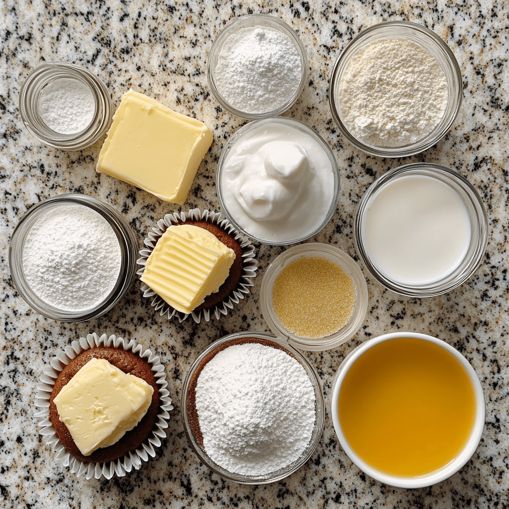 Ingredients for vanilla bean cupcakes including vanilla bean paste, butter, eggs, milk, and powdered sugar