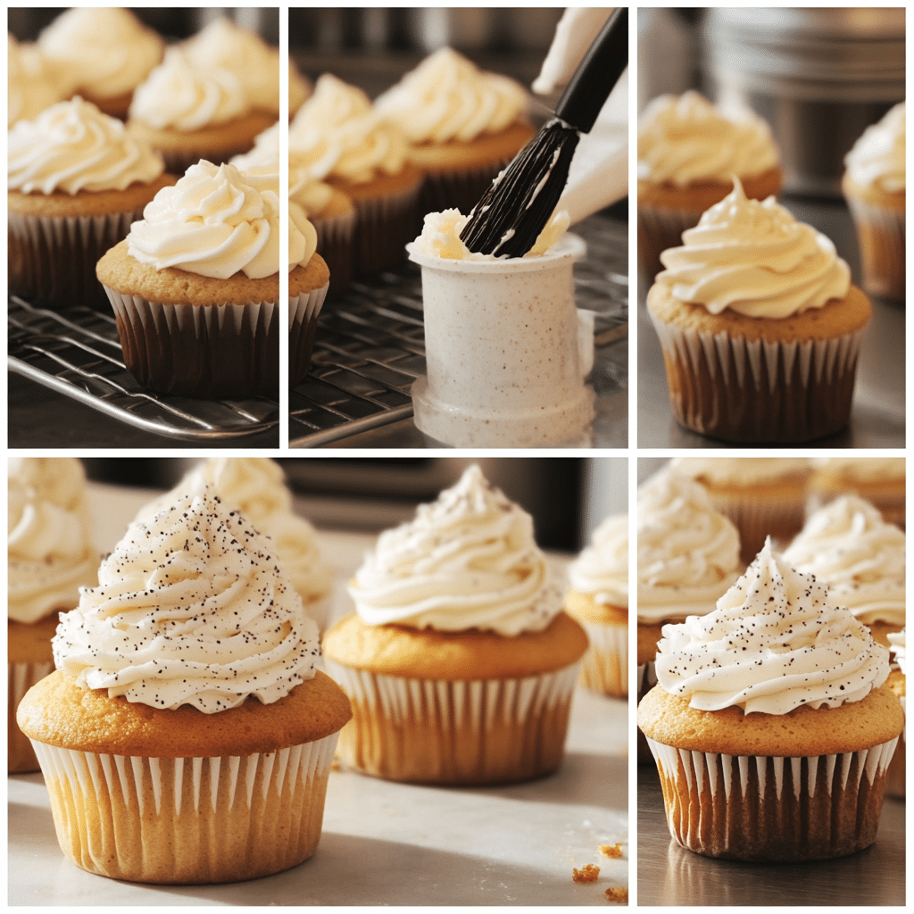 Four-panel collage showing how to make vanilla bean cupcakes and vanilla bean frosting