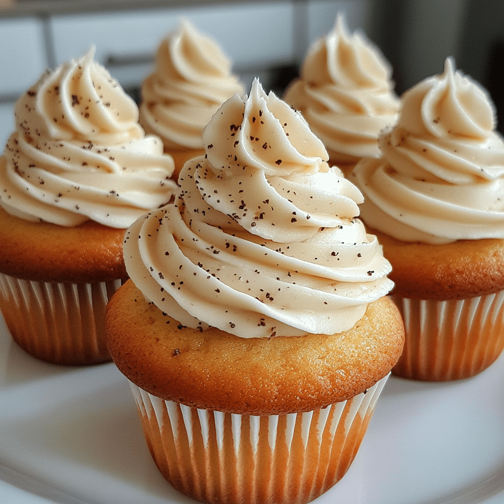 Vanilla bean cupcakes with swirls of speckled vanilla bean buttercream on a plate