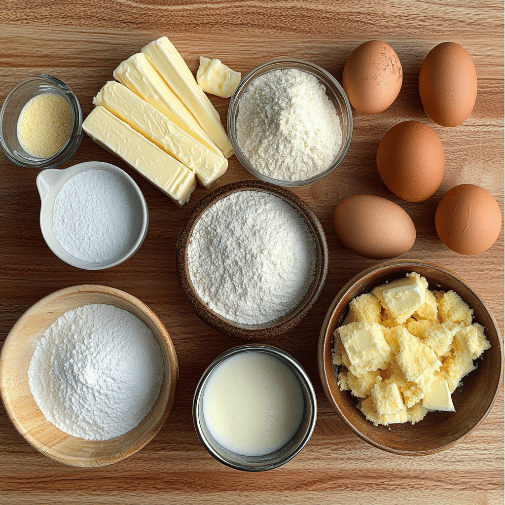 Ingredients for vanilla naked cake arranged on a kitchen counter