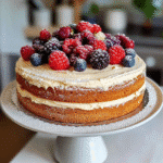 Vanilla naked cake with light rustic frosting and fresh berries on a cake stand