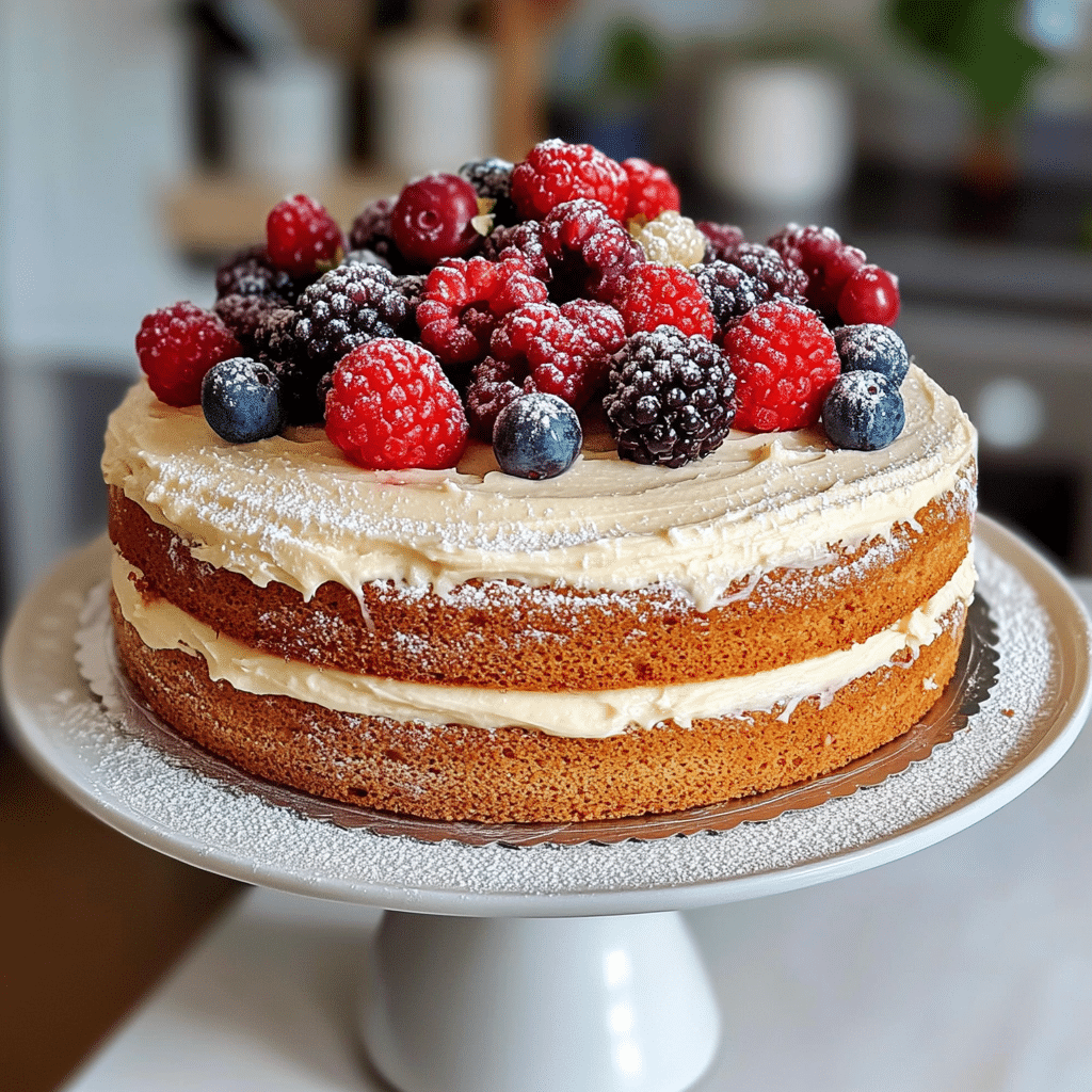 Vanilla naked cake with light rustic frosting and fresh berries on a cake stand