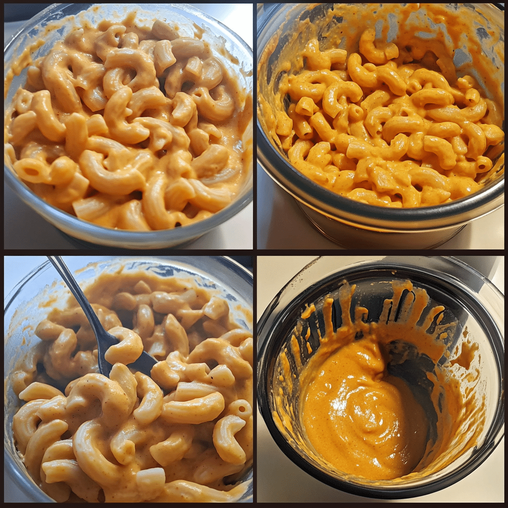 Four panel collage showing soaking cashews blending sauce cooking pasta and mixing vegan mac and cheese