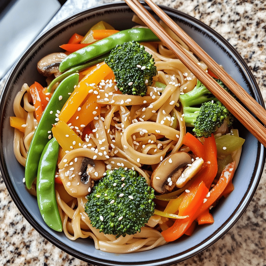 Bowl of vegetable lo mein with glossy noodles and colorful vegetables topped with sesame seeds