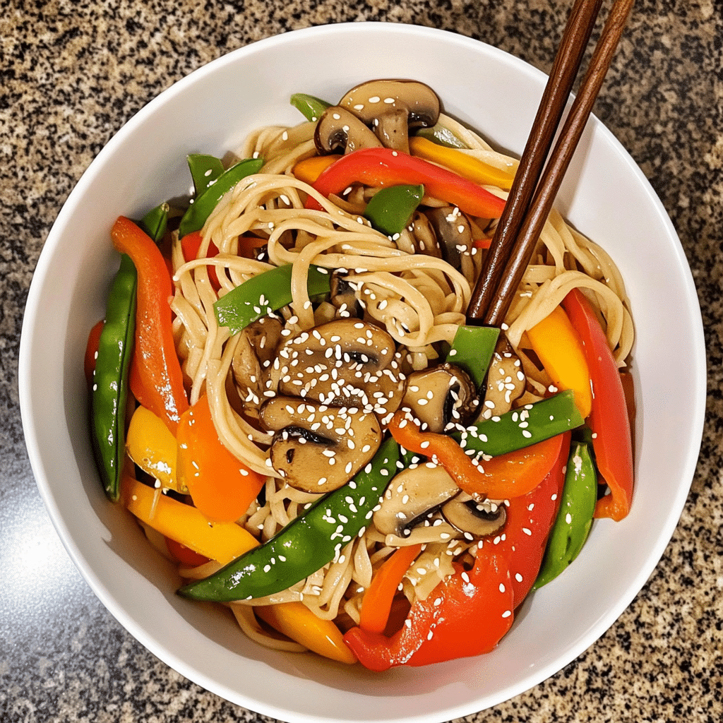 Overhead bowl of vegetable lo mein with glossy noodles and mixed vegetables