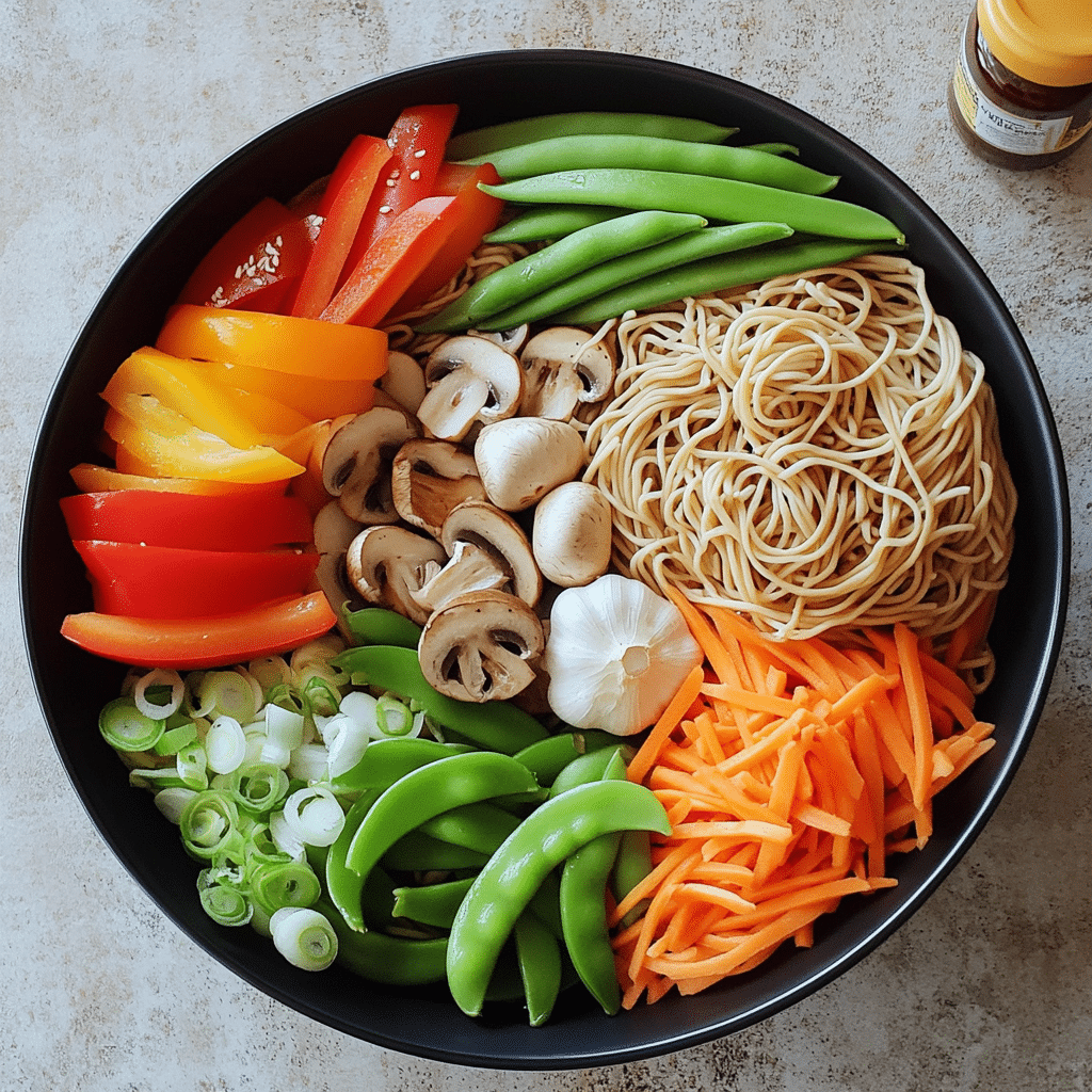 Overhead ingredients for vegetable lo mein with noodles, sliced vegetables, soy sauce, garlic, and sesame oil
