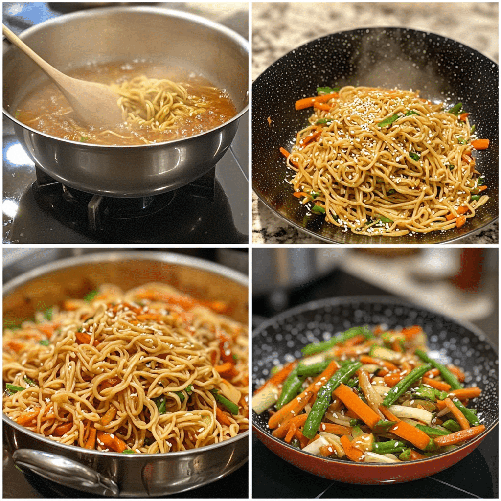 Four-panel collage showing boiling noodles, whisking sauce, stir-frying vegetables, and finished vegetable lo mein in a bowl