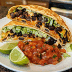 Vegetarian Crunchwrap Supreme sliced open with black beans, cheese, and tostada crunch