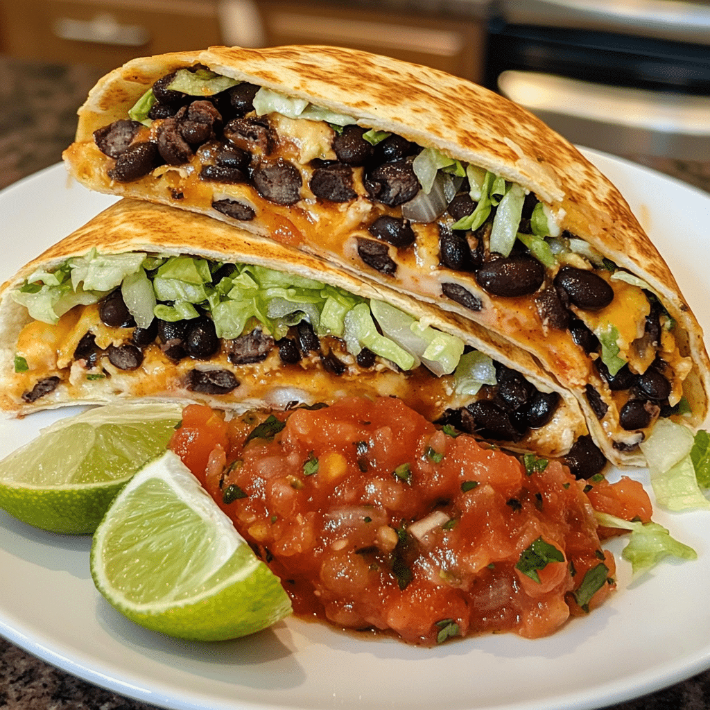 Vegetarian Crunchwrap Supreme sliced open with black beans, cheese, and tostada crunch