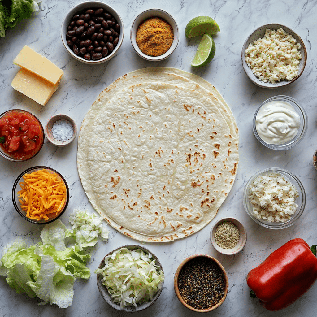 Ingredients for Vegetarian Crunchwrap Supreme with tortillas, beans, tostadas, cheese, and toppings