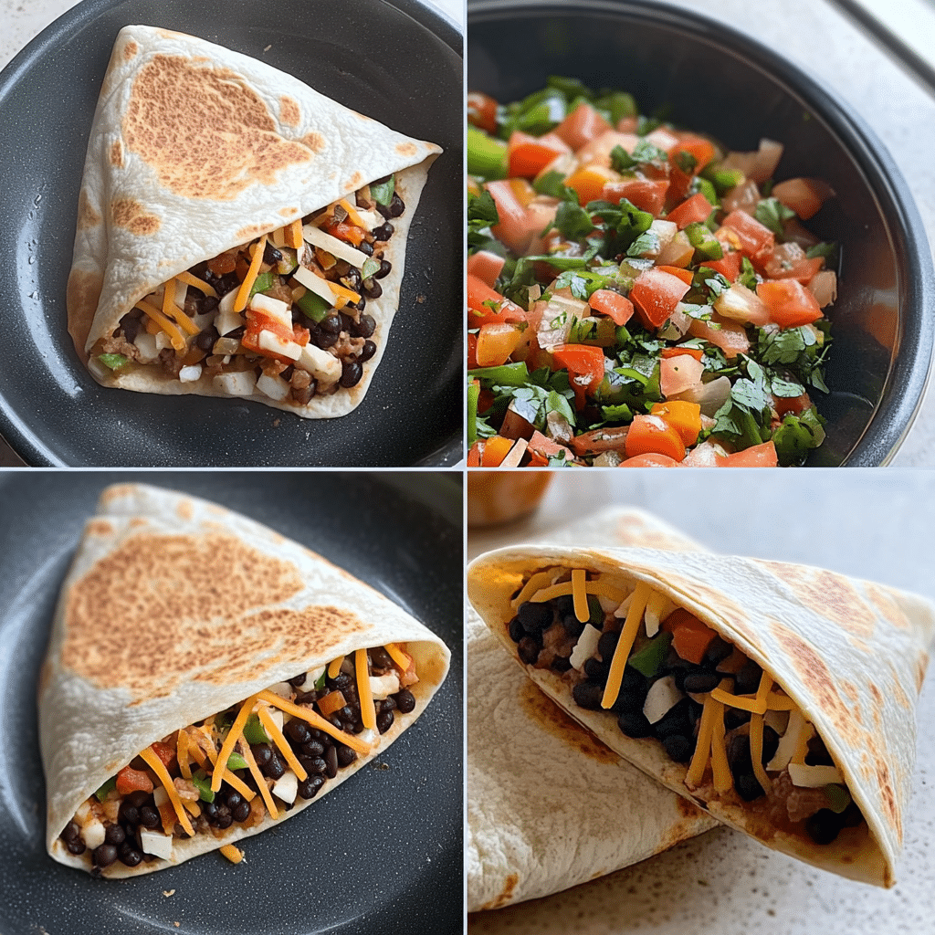 Four panel collage showing how to assemble and toast a Vegetarian Crunchwrap Supreme