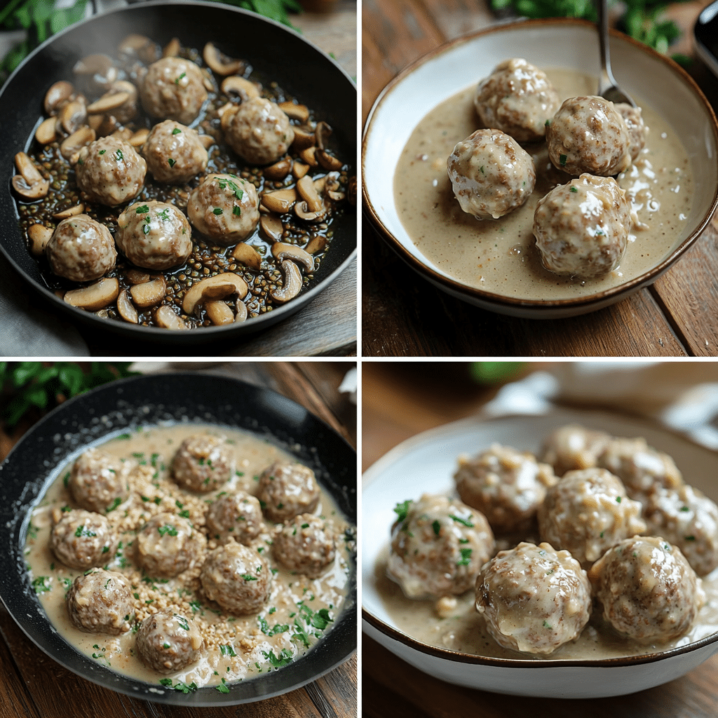 Four panel collage showing how to make vegetarian Swedish meatballs and creamy gravy