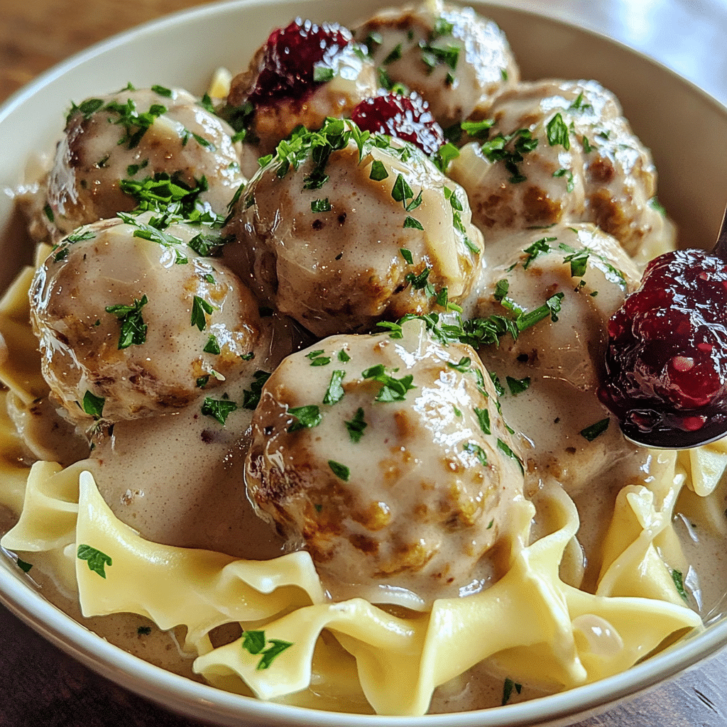 Vegetarian Swedish meatballs in creamy gravy over egg noodles with parsley
