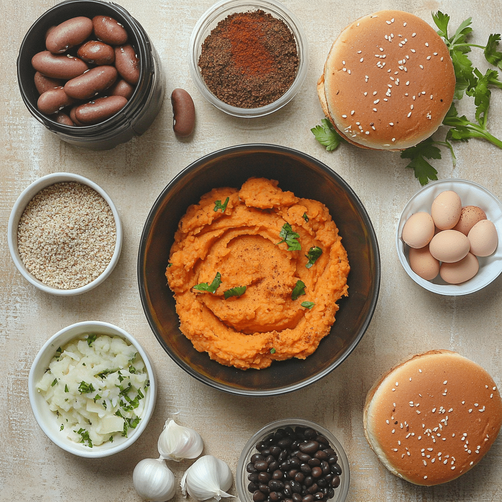 Four-panel collage showing mashing sweet potato, mixing beans and spices, shaping burger rounds, and pan-cooking and serving on buns