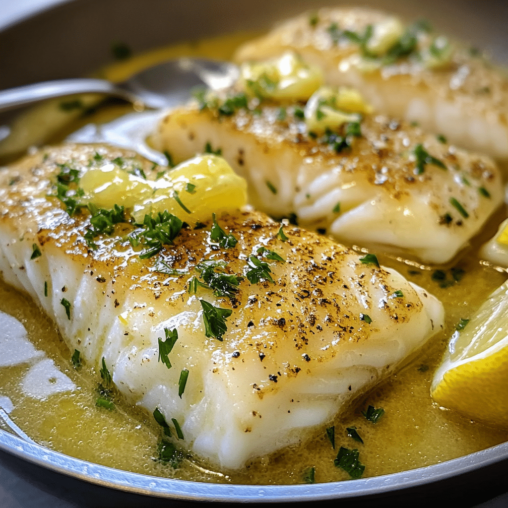 Cod with lemon and butter sauce in a skillet with parsley and lemon wedges