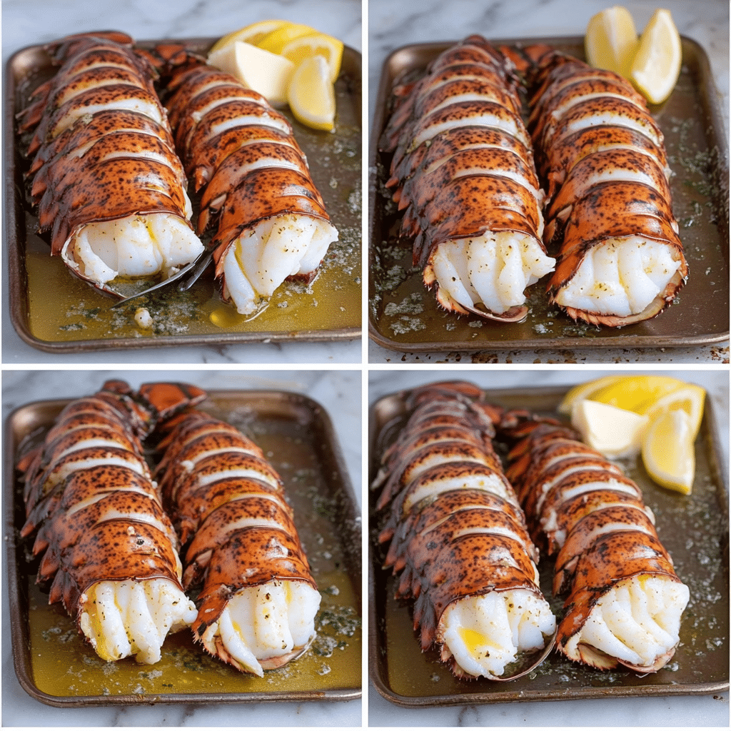 Four panel collage showing cutting shell, buttering, broiling, and serving lobster tails