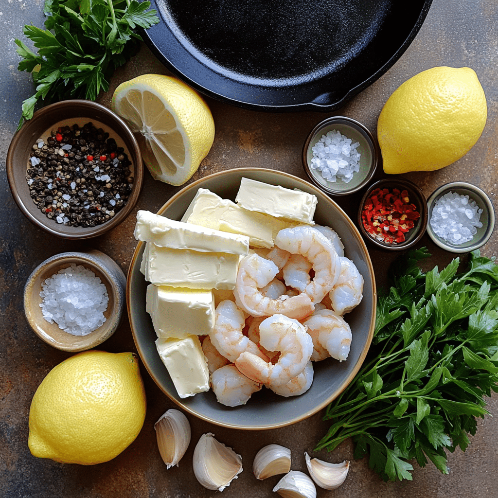 Four-panel collage showing garlic butter shrimp cooking steps in a skillet