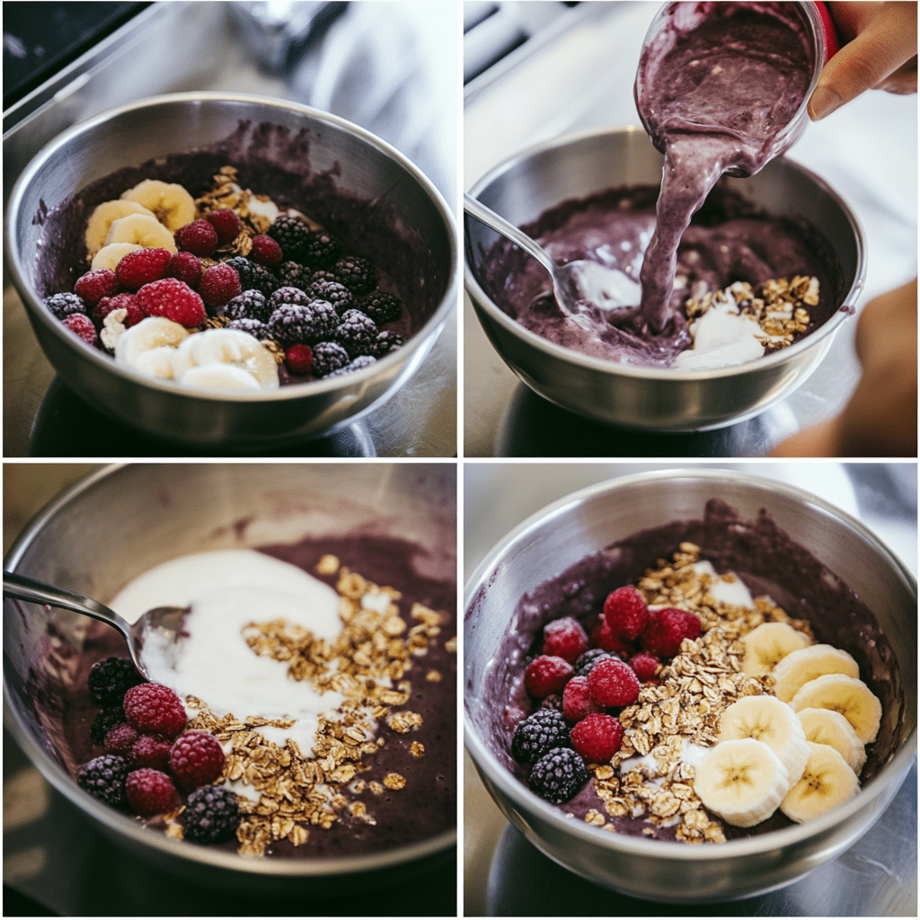 Four panel collage showing the steps for making an acai bowl