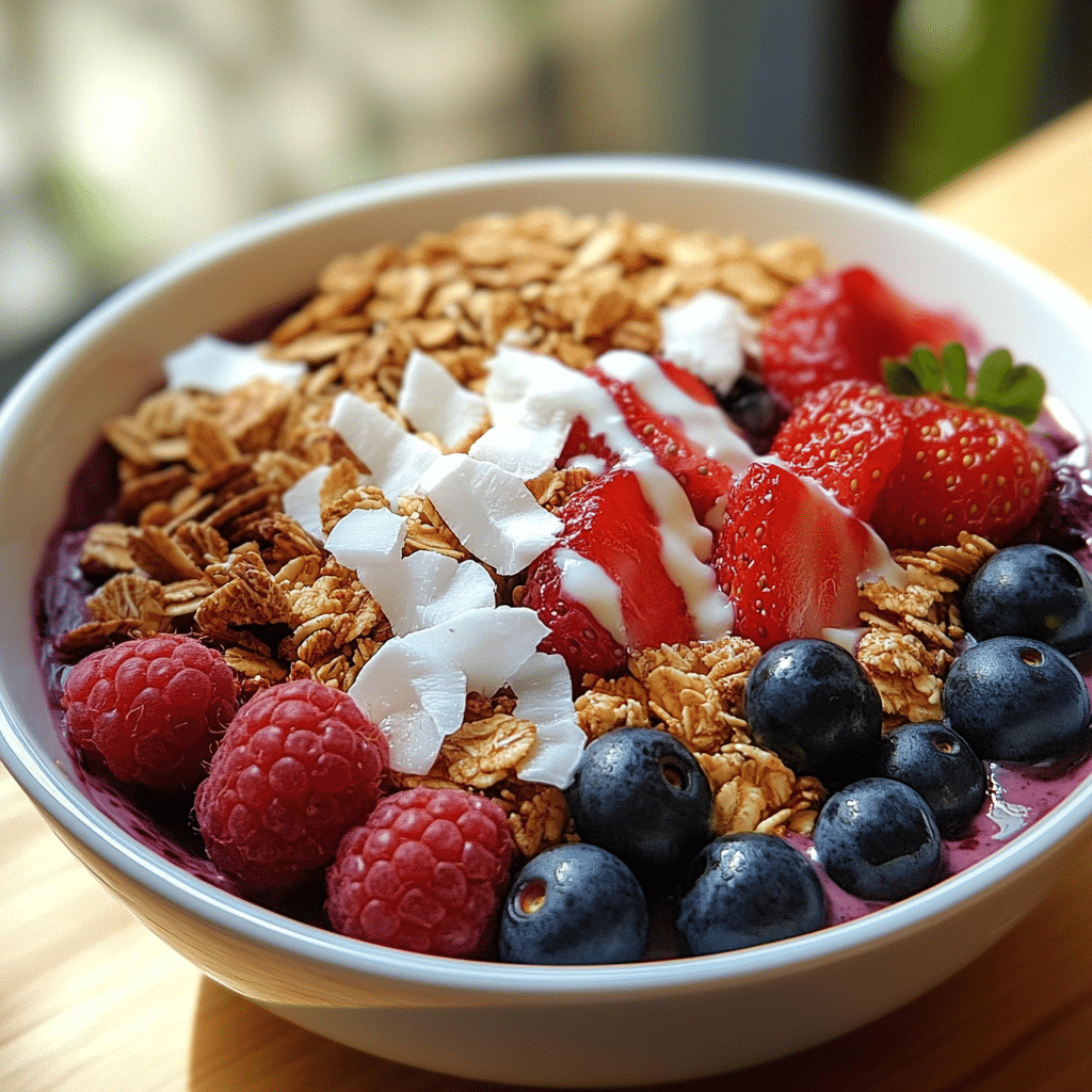 A bowl of acai topped with granola, berries, and coconut