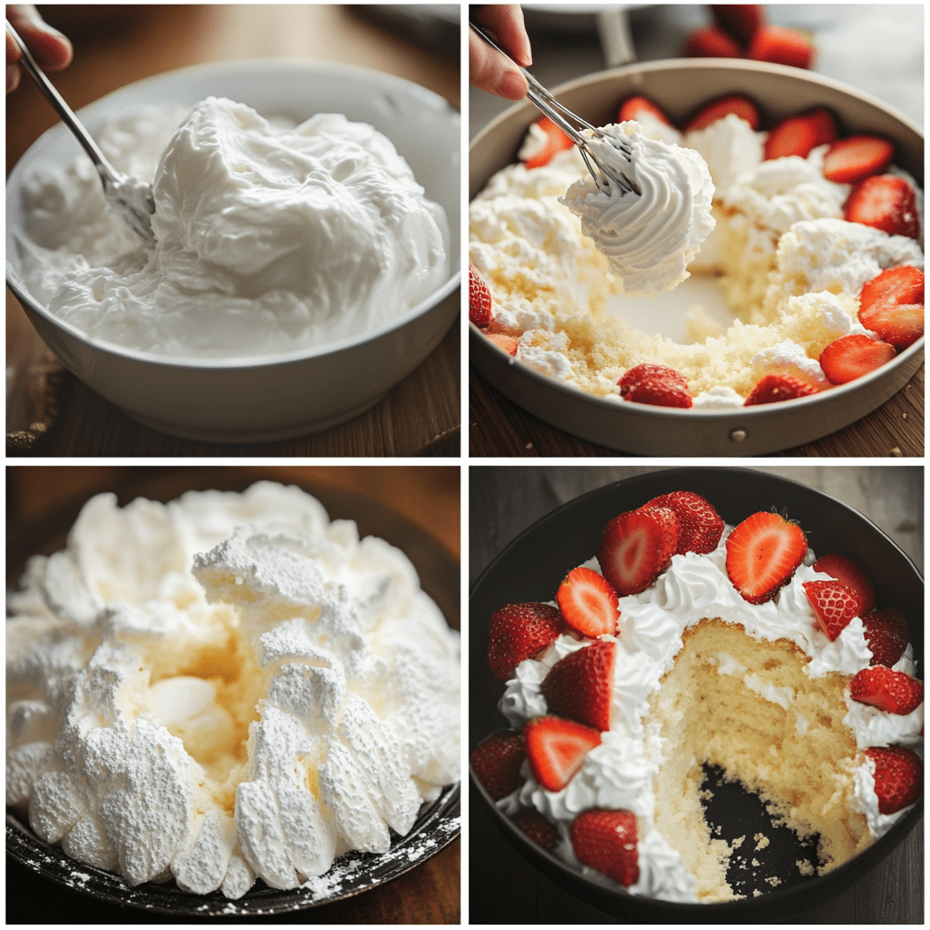 Four panel collage showing the steps for making angel food cake