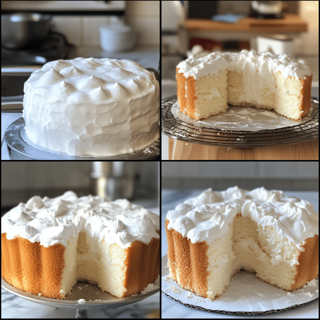 Four panel collage showing whipping egg whites, folding dry ingredients, filling tube pan, and cooling then slicing angel food cake