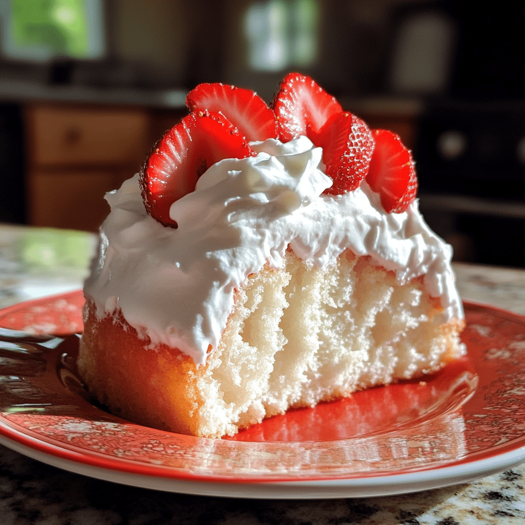 A slice of angel food cake topped with whipped cream and fresh strawberries