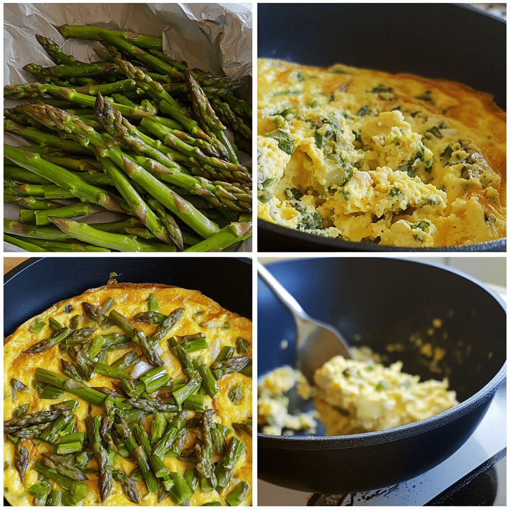 Four panel collage showing the steps for making asparagus frittata