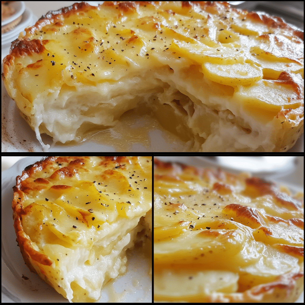 Four panel collage showing the steps for making au gratin potatoes