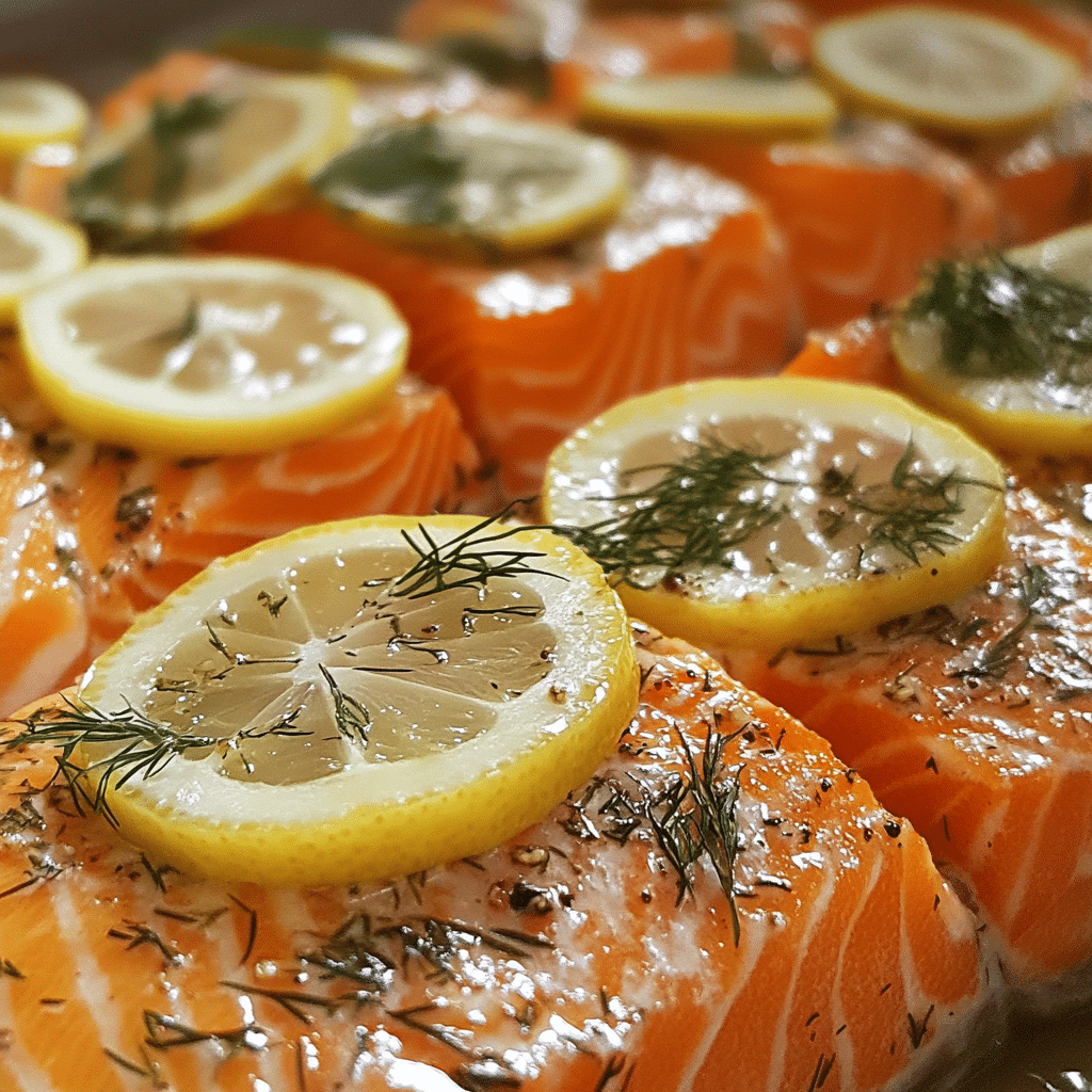 Four panel collage showing the steps for making baked salmon