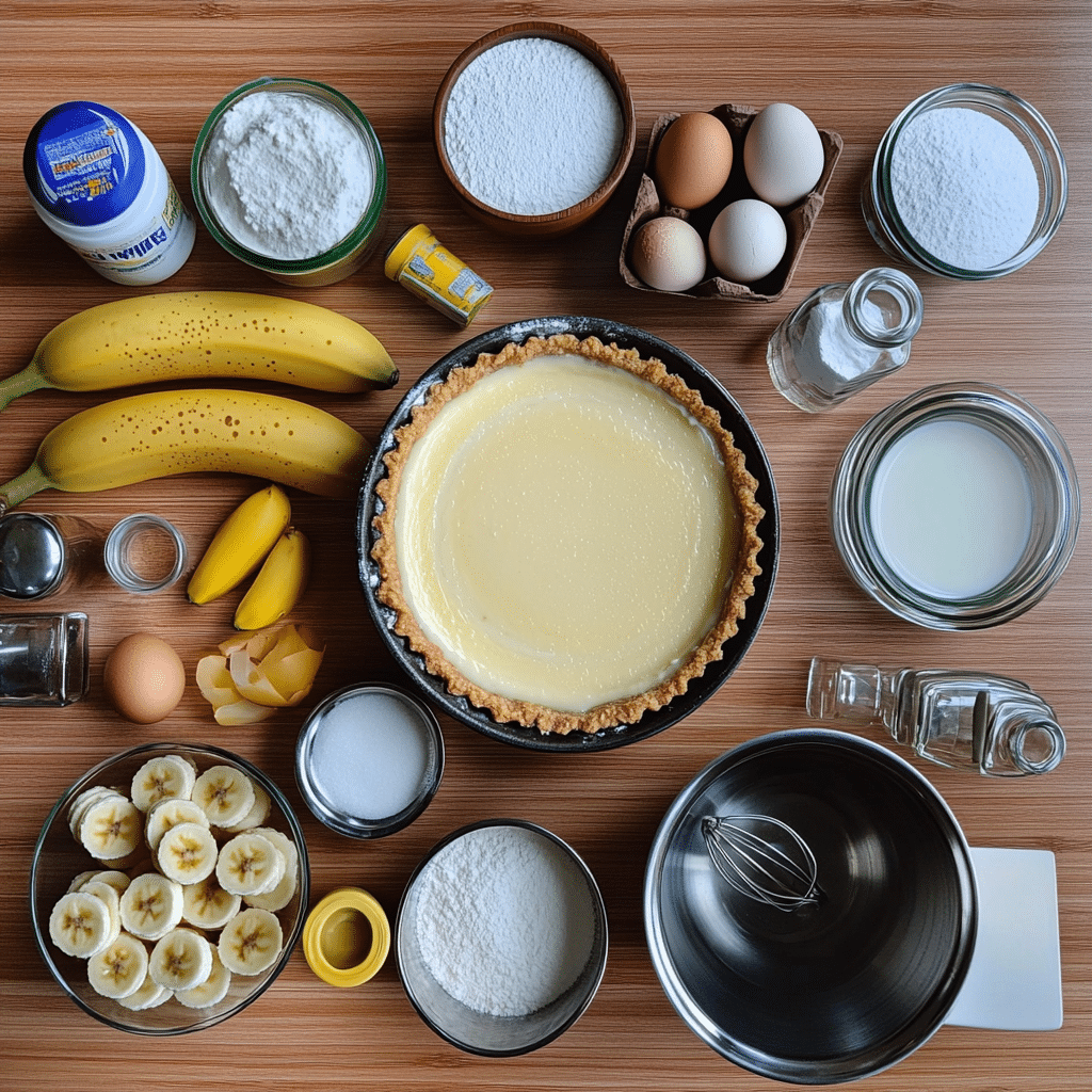 ingredients for banana cream pie including baked pie crust bananas milk sugar cornstarch egg yolks butter vanilla and cream