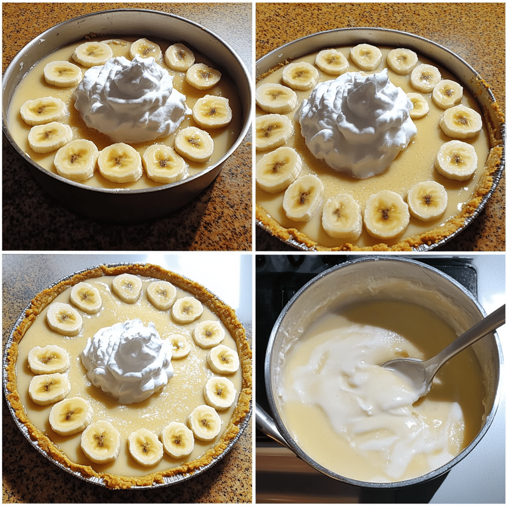 four panel collage showing steps to make banana cream pie