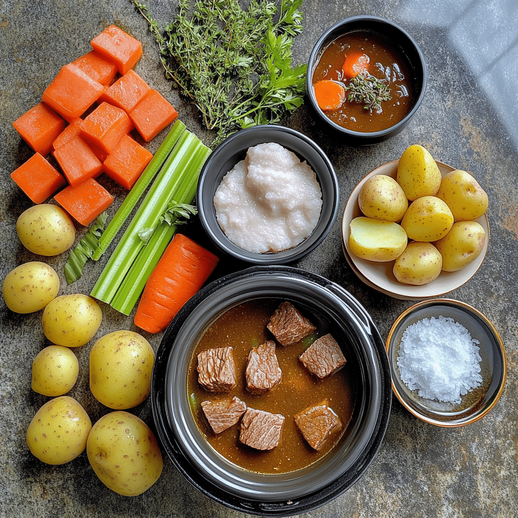 ingredients for beef stew including beef chuck carrots potatoes celery onion garlic and beef broth