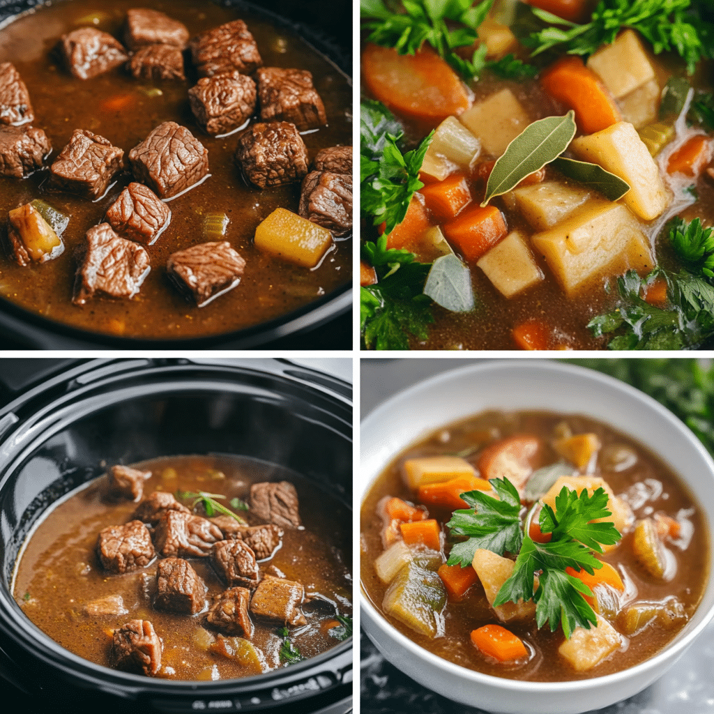 four panel collage showing steps to make slow cooker beef stew