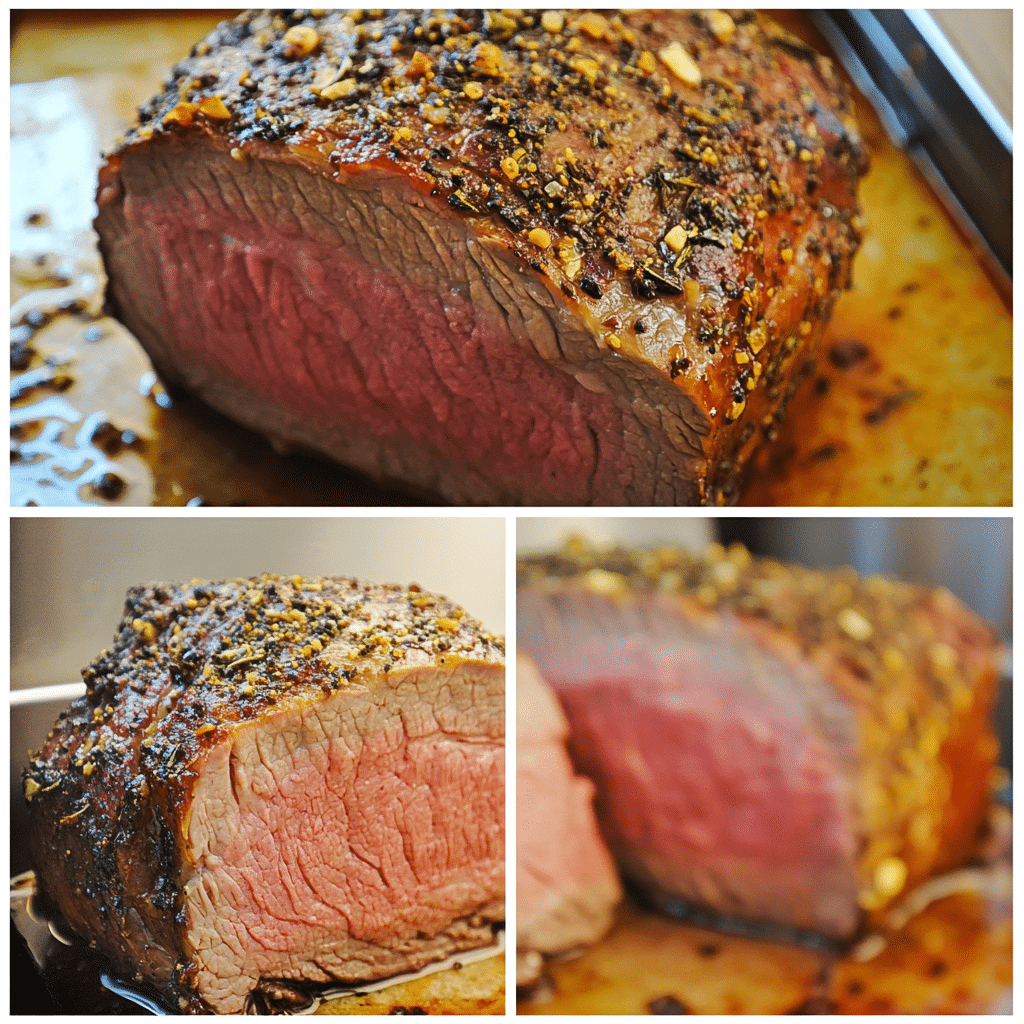 Four panel collage showing the steps for making beef tenderloin roast
