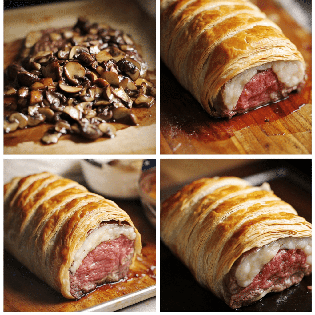 Four panel collage showing the steps for making Beef Wellington