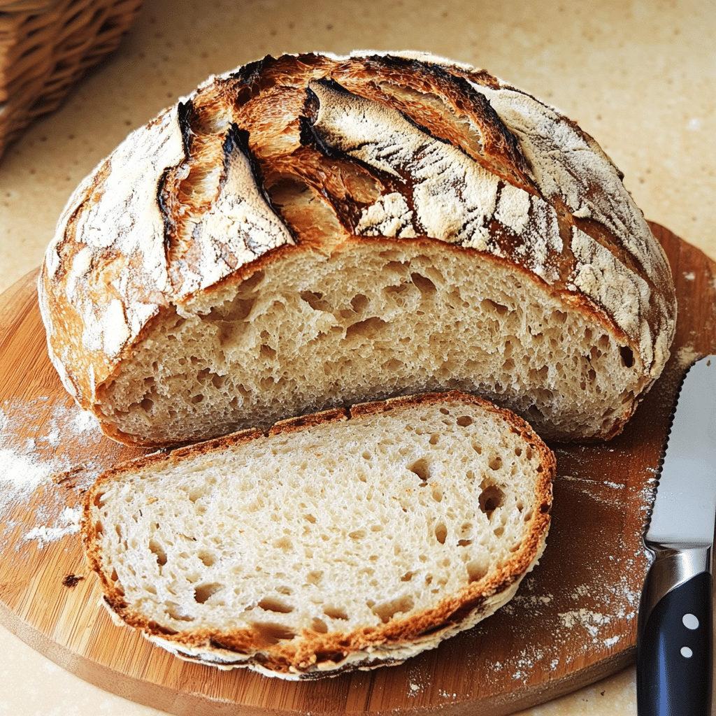 rustic sourdough bread loaf sliced open showing airy crumb and golden crust