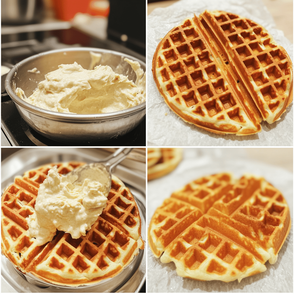 Four panel collage showing the steps for making Belgian waffles