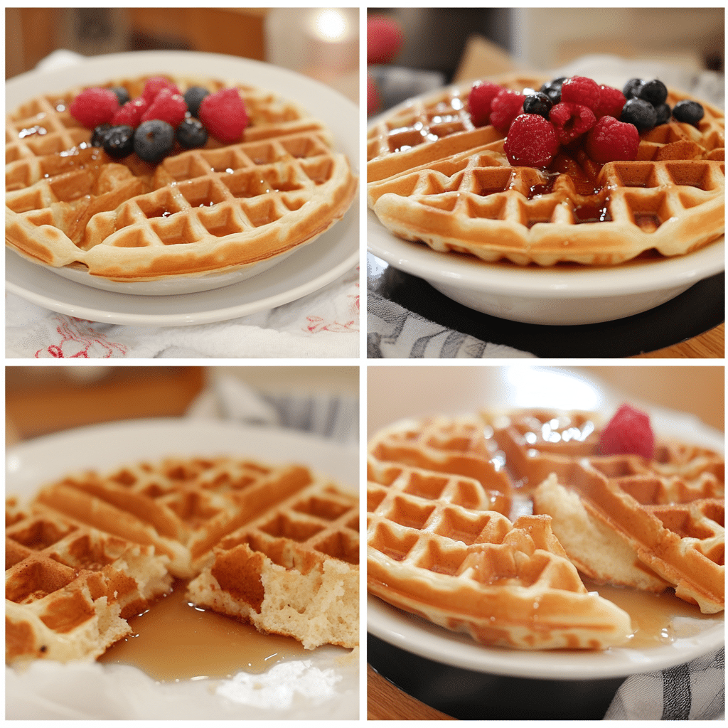 Four panel collage showing the steps for making Belgian waffles