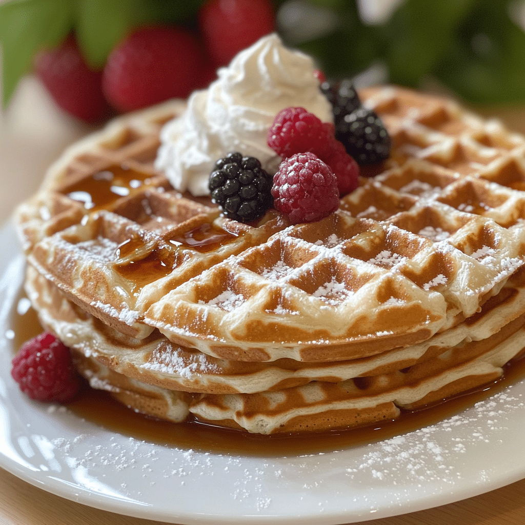 Belgian waffles topped with syrup, whipped cream, and berries