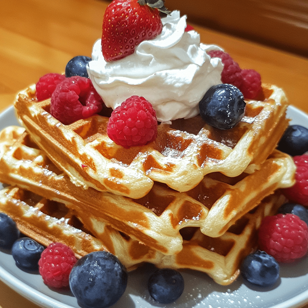 Belgian waffles topped with whipped cream, strawberries, and syrup