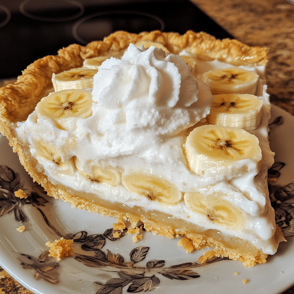 banana cream pie with whipped cream topping and banana slices in flaky crust