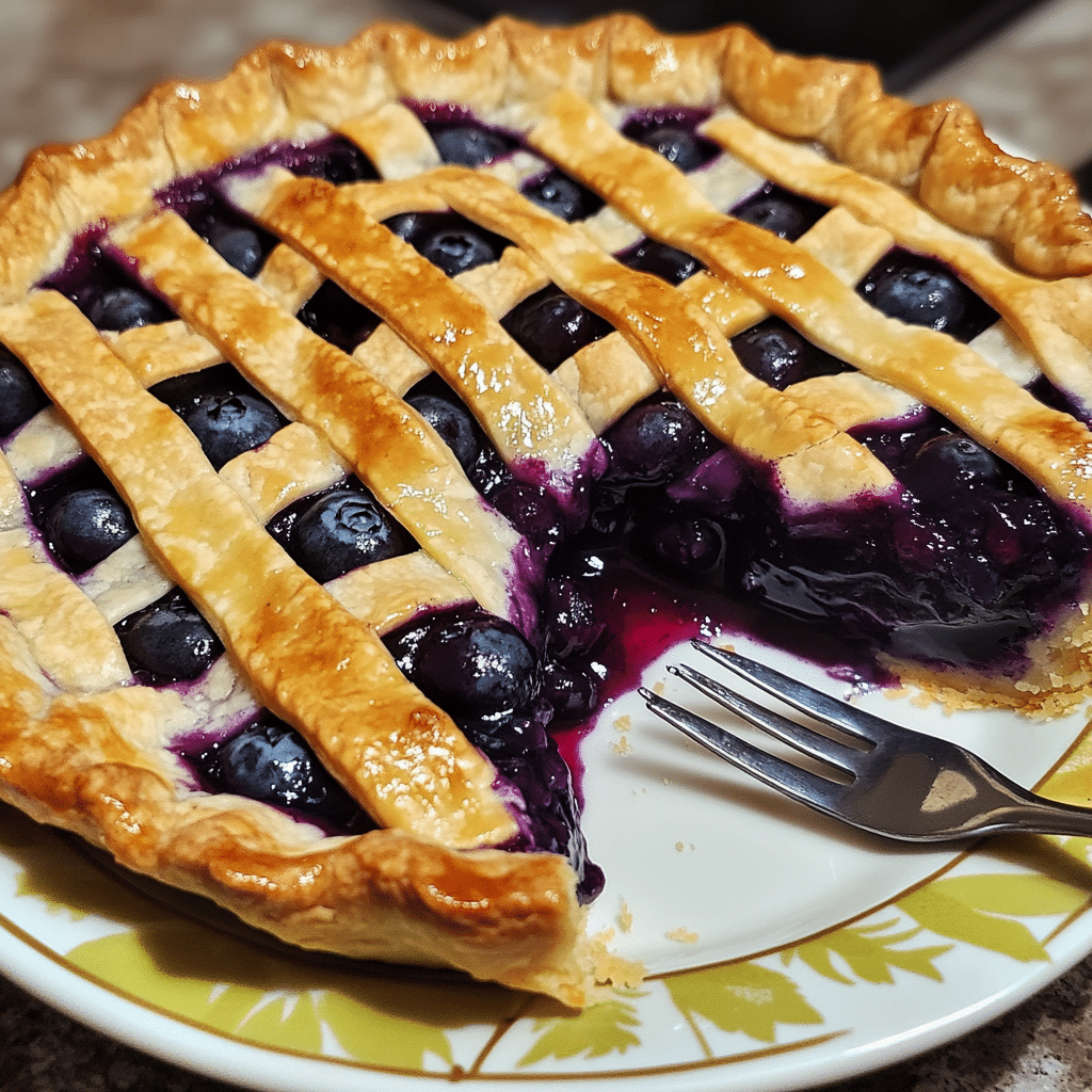 blueberry pie with lattice crust and juicy blueberry filling sliced