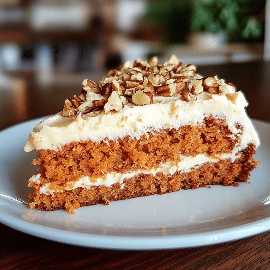 A moist carrot cake slice with frosting and walnuts