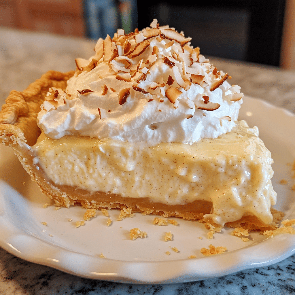 coconut cream pie with whipped cream topping and toasted coconut in flaky crust