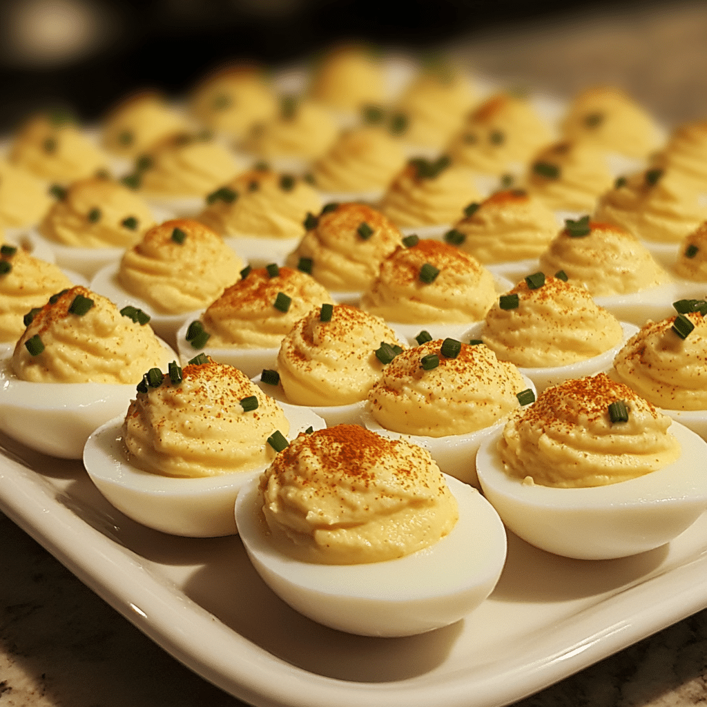 Deviled eggs with piped filling, paprika, and chives on a white platter