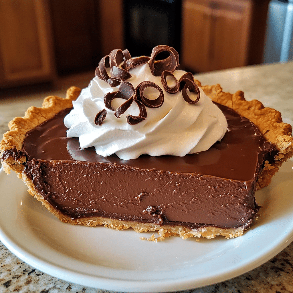 french silk pie with chocolate crust silky chocolate filling whipped cream and chocolate curls