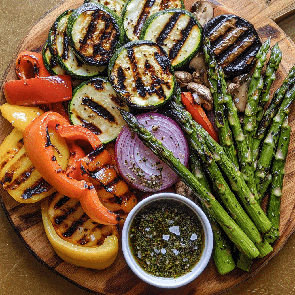 platter of grilled vegetables with char marks and lemon garlic herb vinaigrette