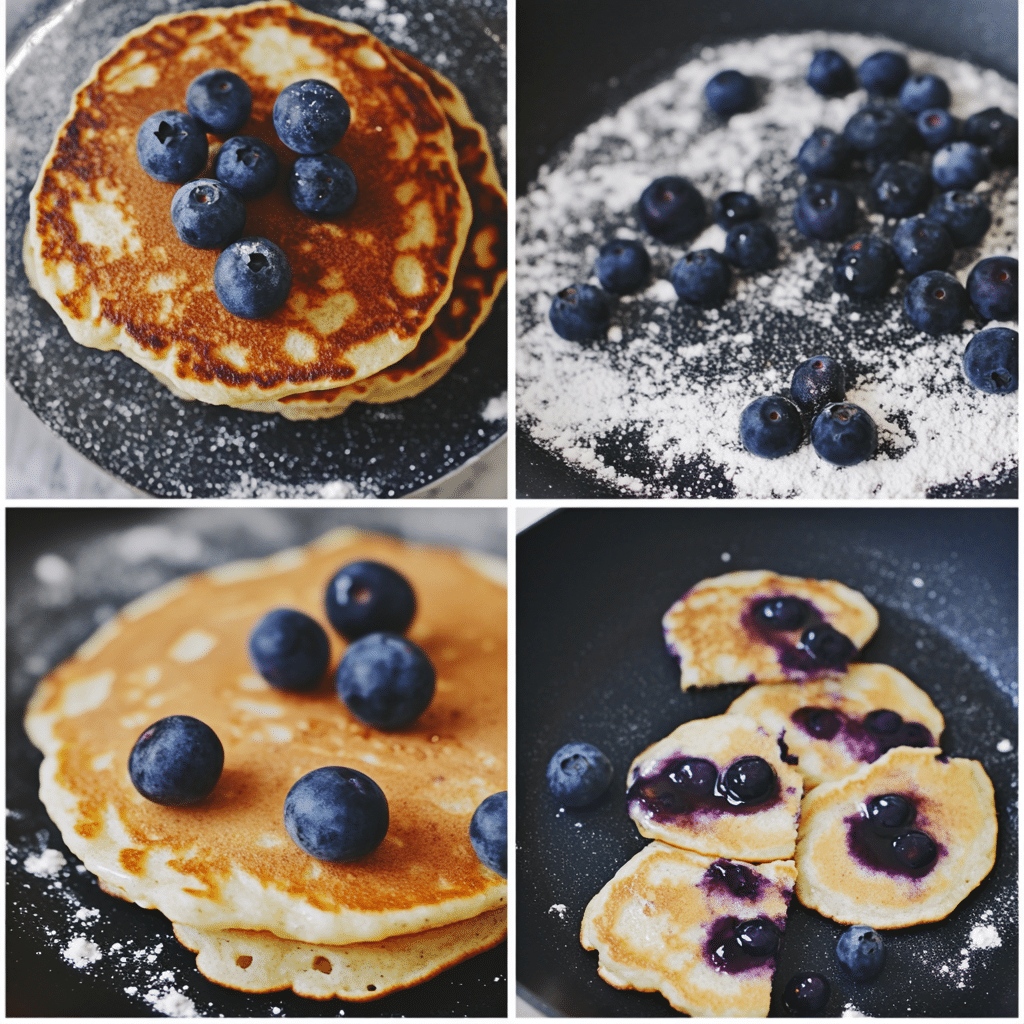 Four panel collage showing the steps for making blueberry pancakes