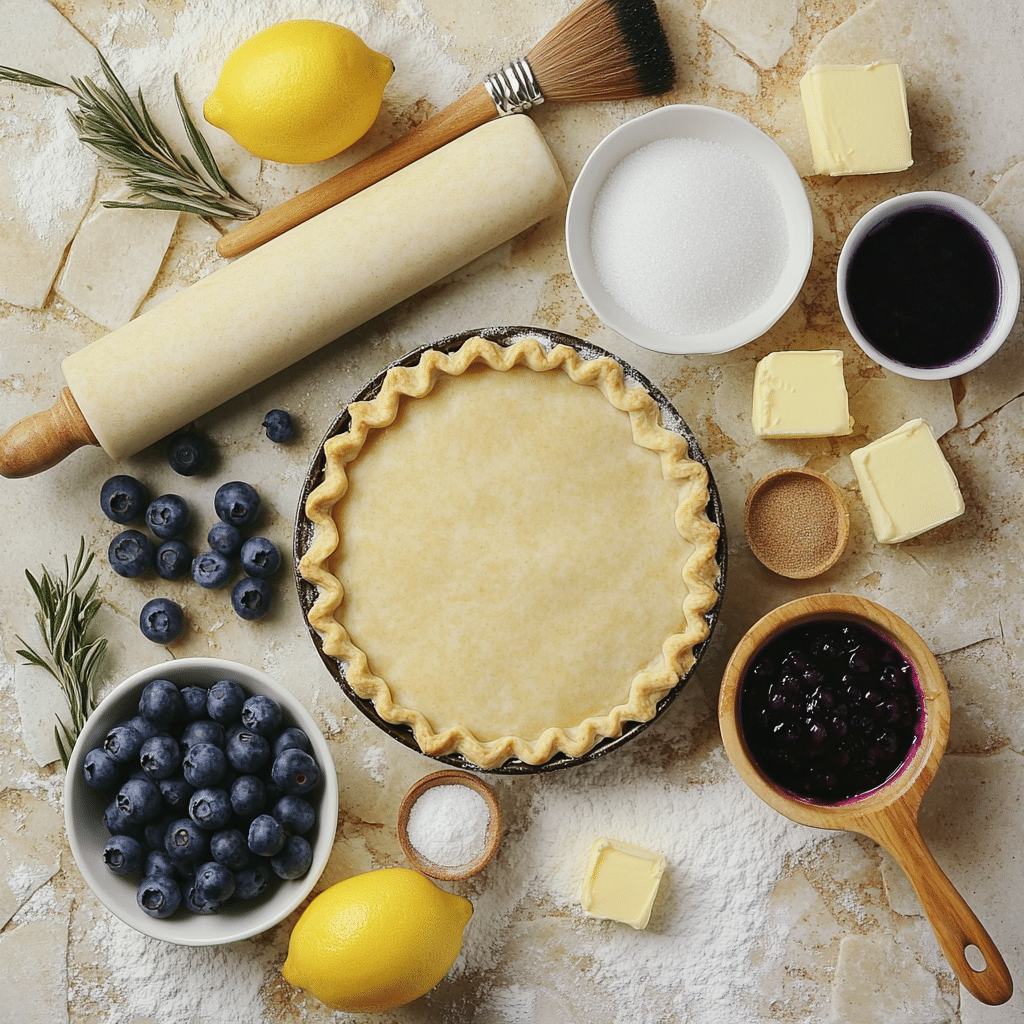 ingredients for blueberry pie including blueberries sugar cornstarch lemon butter and pie crust