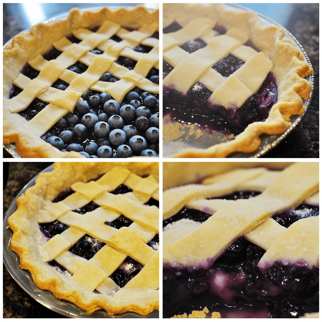 four panel collage showing steps to make blueberry pie